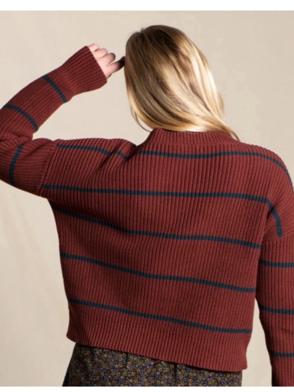 Bianca Crew Sweater Toad&Co - Red/Maroon navy blue Striped boxy stripe sz small